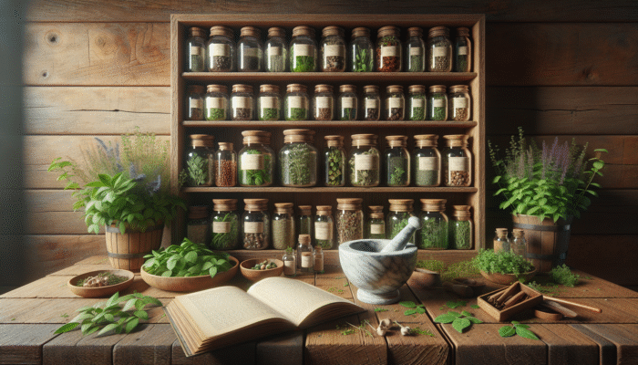 A rustic kitchen shelf with herb jars, an open book "The Healing Power of Herbs," and fresh herbs on a wooden table.