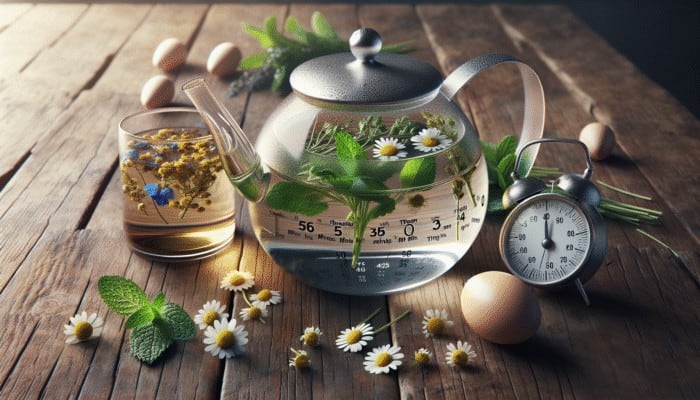 Herbs steeping in glass teapots with timers on a wooden table, enhancing tea flavors.
