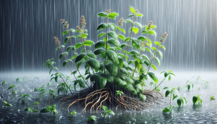 Top Beginner Mistakes with Herbs: Overwatered herbs with yellowing leaves and wilting stems in waterlogged soil, showing root rot.