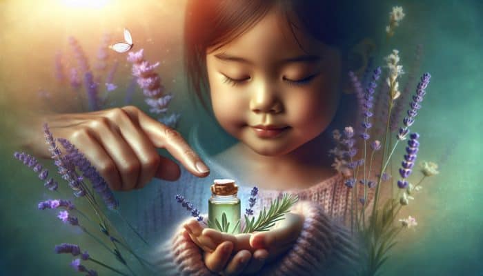 Best Herbal First Aid for Kids: A child using lavender and tea tree oil on a cut, surrounded by calming purple and green hues.