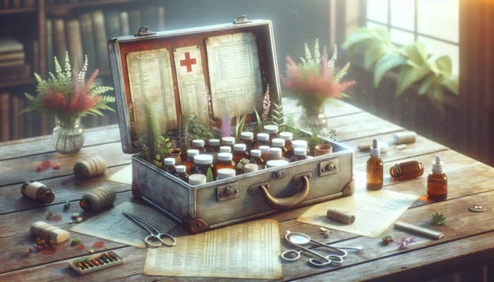 A rustic table with an open vintage first aid kit containing jars of herbs, essential oils, and natural remedies, surrounded by fresh plants.