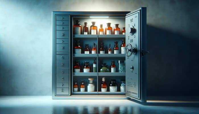 A locked cabinet in a cool, dark room with herbal remedies and essential oils in bottles with safety caps.