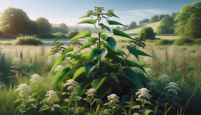 Techniques for Herbal Powder Remedies: UK countryside with nettle plants and elderflower bushes, showcasing their medicinal uses in herbal practices.