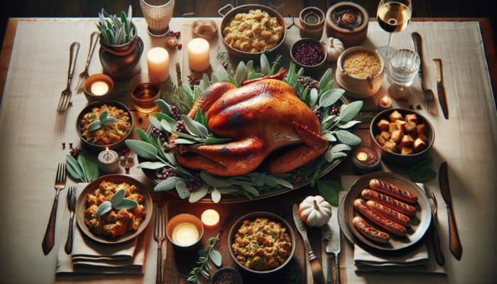 Best Herbs for Holiday Meals: A festive table with sage-adorned roasted turkey, sausage stuffing, and breadcrumbs, exuding a warm, earthy aroma.