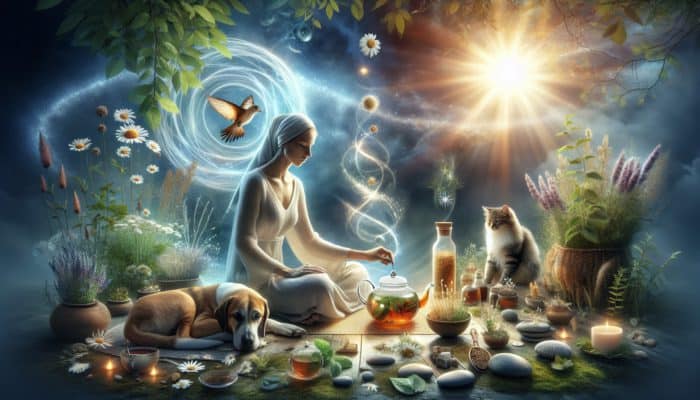 Herbal Remedies for Pets Too: A pet owner brewing herbal tea with chamomile and echinacea, dog and cat resting nearby, surrounded by nature.