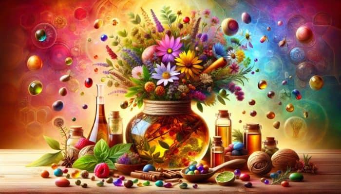 Making Herbal Glycerites for Kids: Colorful herbs infusing in sweet glycerin, creating child-friendly herbal extract, with nature and wellness symbols.