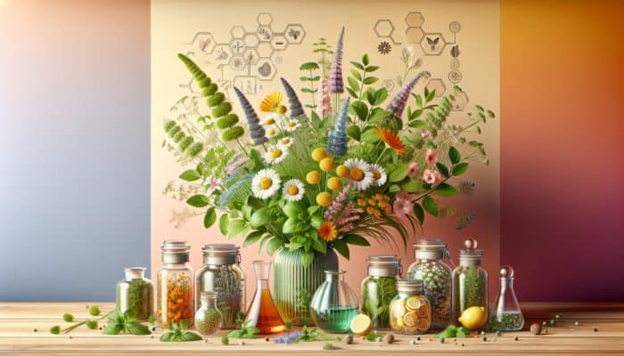A colorful array of fresh herbs like chamomile, lemon balm, and fennel in a child-friendly kitchen with labeled glycerite jars.