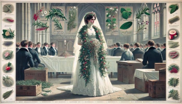 rosemary for memory improvement: A bride with rosemary garlands at an ancient UK ceremony, symbolizing love and enhancing memory.