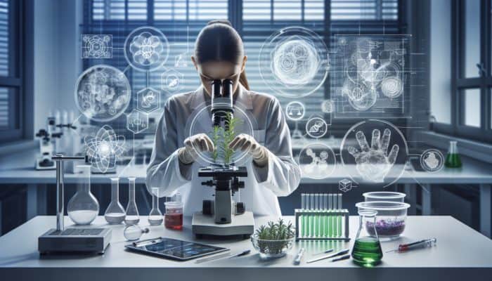 A scientist examining rosemary plants under a microscope in a UK research facility with charts and graphs on screens.