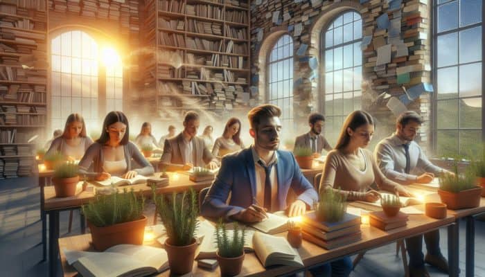 Students in a study setting using rosemary scent to boost memory and cognitive function.