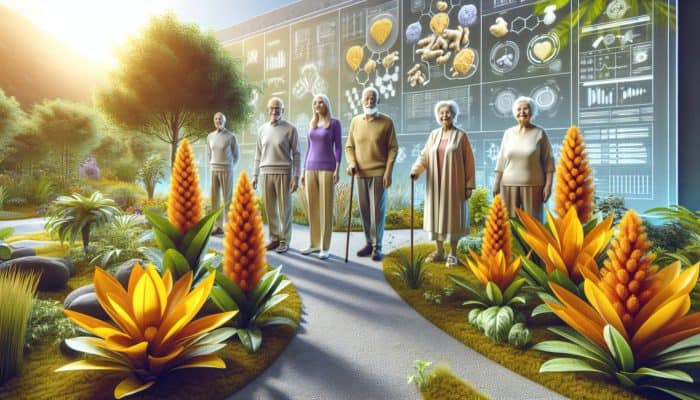 Natural Herbs for Elderly Care: Elderly flourishing with turmeric and ginger, enhancing joint health and vitality.