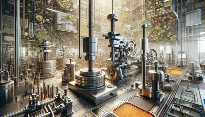 Best Methods for Herbal Oil Extraction: High-tech lab with hydraulic and mechanical screw presses extracting herbal oils from plant materials.