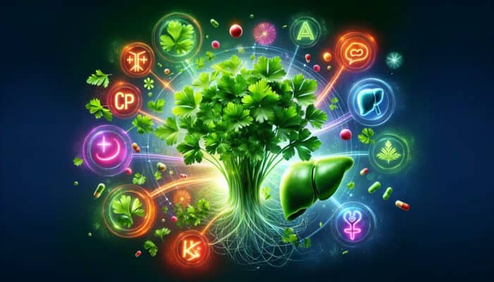 Parsley for Detoxification: Illustration of glowing parsley leaves with vitamins A, C, K, and liver, symbolizing health benefits.
