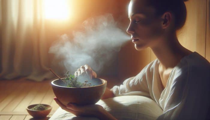 Techniques for Herbal Steam Inhalation: Person inhaling steam from bowl with eucalyptus and peppermint, surrounded by warm mist, for respiratory health.