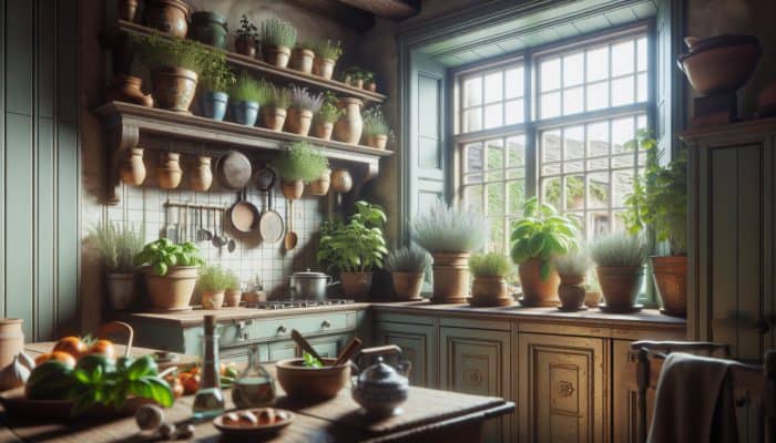 How to Store Herbs for Families: UK kitchen with basil, rosemary, and thyme in pots on windowsill, enhancing family meal.