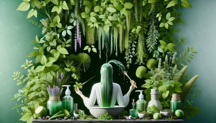 DIY Herbal Hair Rinses: Person applying DIY herbal hair rinse with nettle and rosemary amidst lush greenery, symbolizing healthy hair growth.