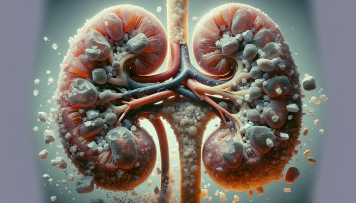 Herbs for Kidney Stone Prevention: Cross-section of kidney showing various sizes of mineral stones causing pain in lower back and abdomen.