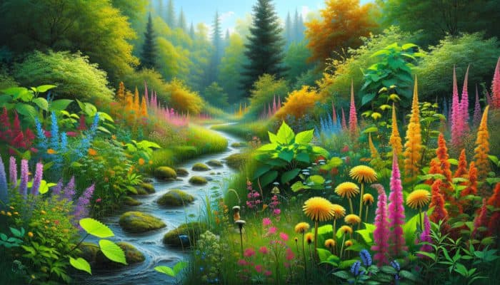 A serene garden with herbs like dandelion, nettle, and goldenrod, and a peaceful stream, symbolizing kidney health remedies.