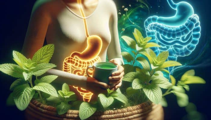 Best Herbs for Evidence-Based Healing: A person with peppermint tea, surrounded by plants, and a calm digestive system illustration, symbolizing IBS relief.