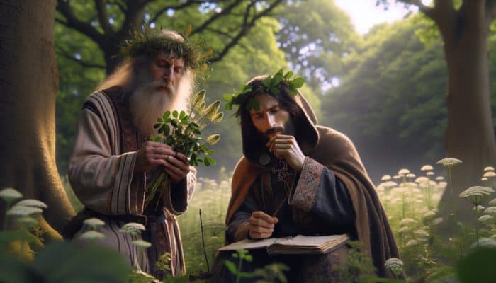Creating Herbal Protocols for Health: An ancient druid and medieval herbalist in a UK forest, documenting healing plants in a manuscript.