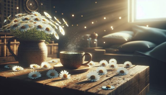 Herbal Teas for Anxiety Relief: A cup of chamomile tea on a rustic table, surrounded by glowing chamomile flowers, in a cozy, dimly lit room.