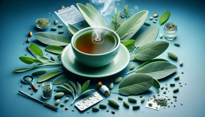 Sage for Sore Throat Relief: A steaming cup of sage tea with fresh leaves on a soothing blue background, symbolizing throat relief.