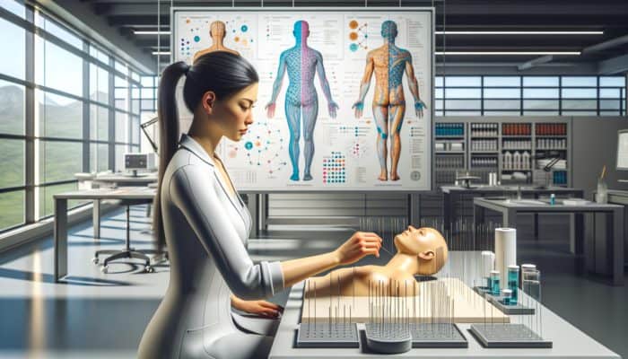 Acupuncturist student practicing needle insertion on mannequin, with meridian and Qi flow charts in modern classroom.