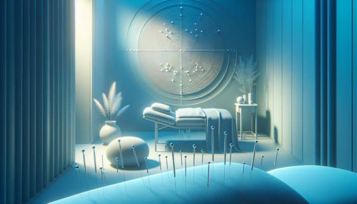 Acupuncture session with needles on joint points, blue tones, symbolizing pain relief and endorphin release.