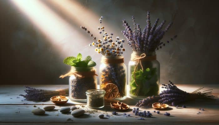 How to Dry Herbs for Remedies: Dried lavender, chamomile, and peppermint in rustic jars, bathed in soft light, showcasing their healing aromas.