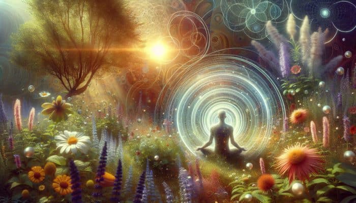 Natural Herbal Mood Stabilizers: A serene garden with herbs like lavender and chamomile, a person meditating in soft sunlight.