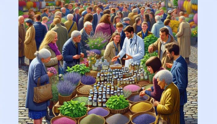 UK marketplace stall with various herbs like lavender, mint, chamomile; shoppers and herbalist present.