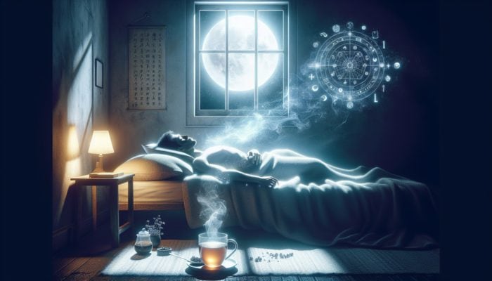 A peaceful bedroom with valerian root tea, soft moonlight, and a person sleeping calmly.