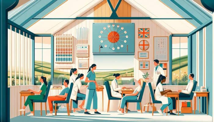 Acupuncture for Cancer Treatment Support: A serene UK landscape with acupuncture clinics, traditional Chinese medicine, and patients receiving treatments.
