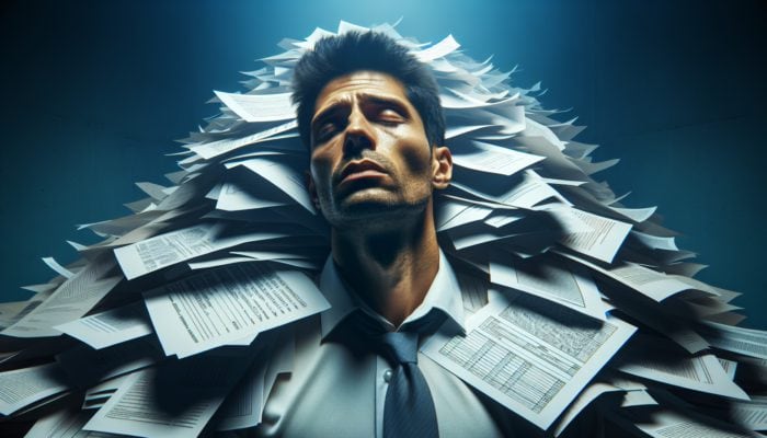 Herbal Solutions for Burnout: A person overwhelmed by paperwork in a dimly lit office, symbolizing burnout.