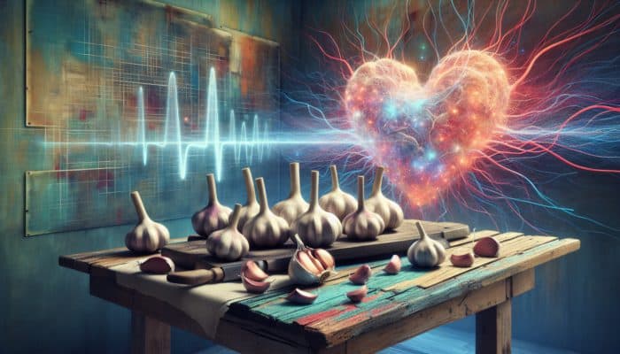 How Herbs Impact Blood Pressure: Garlic bulbs and cloves on a table with heart-shaped vessels and diagrams showing improved circulation and lowered blood pressure.