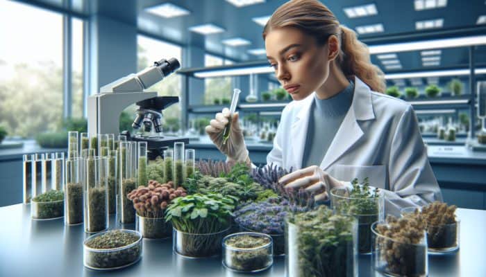 A scientist in a UK lab analyzing herbs with charts showing research results on herbal remedies.