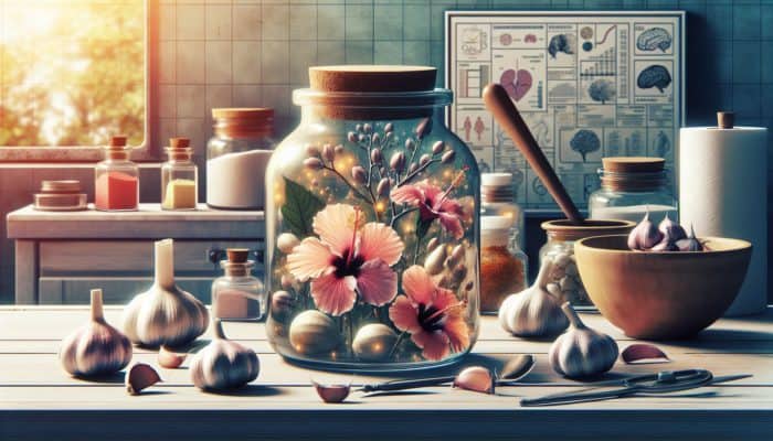 Jars of garlic and hibiscus in a kitchen, with charts showing reduced blood pressure and cholesterol levels.