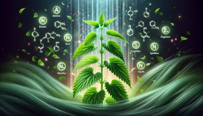 How Nettle Boosts Hair Volume: Lush nettle plant with glowing silica and sulphur icons, symbolizing hair vitality and volume.