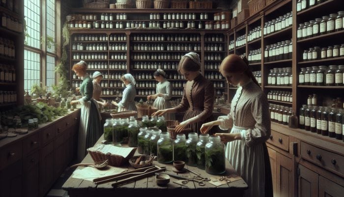 Women using nettle-infused hair tonics in a vintage UK apothecary setting.