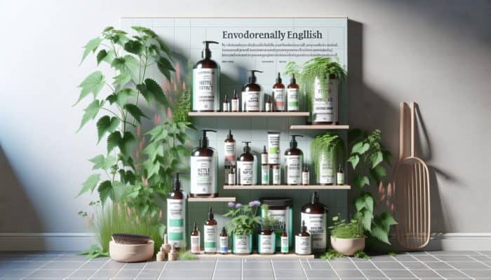 A UK bathroom shelf with eco-friendly nettle hair products, green leaves backdrop.