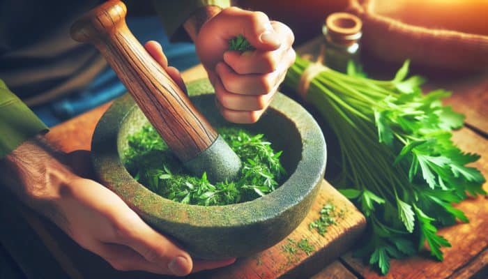 Best Tools for Grinding Herbs: Skilled hands grinding vibrant green herbs with a mortar and pestle in a rustic UK kitchen.