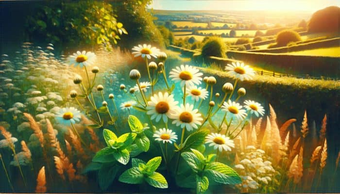 How to Identify Safe Herbs: UK countryside with chamomile flowers and mint plants in gardens and hedgerows.