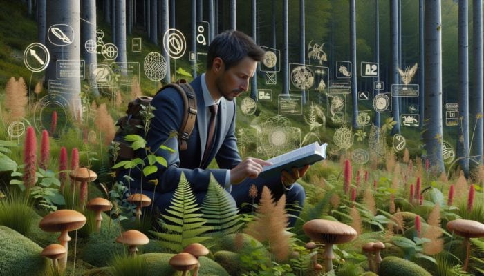 Person in UK woodland using foraging guidebook amidst wild plants and mushrooms, with legal documents and signs in background.