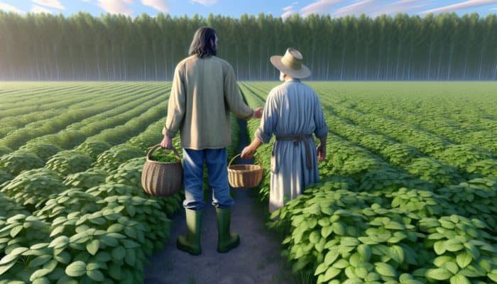 Person asking farmer for foraging permission on lush private land, with baskets and guides, under clear sky.
