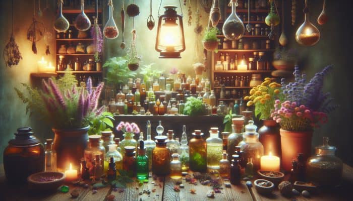 How to Avoid Herbal Overdoses: A mystical apothecary with potent herbs like St. John's Wort, labeled for safety under a soft lantern glow.