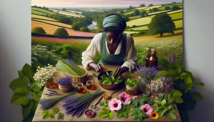 DIY Herbal Face Masks: Woman crafting herbal face masks in a serene UK countryside, surrounded by fields of lavender, chamomile, rosehip, nettle, calendula, yarrow, hibiscus, and peppermint.