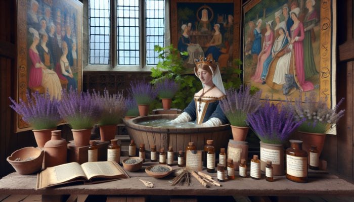 How Lavender Improves Mood: Queen Elizabeth I in a lavender bath, surrounded by herbs and historical documents, illustrating lavender's uses in medieval Britain.