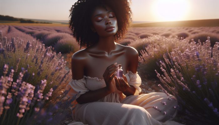Person inhaling lavender oil amidst blooming fields, symbolizing relief from anxiety and depression.
