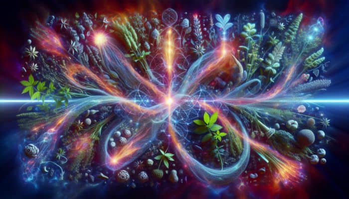 Combining Herbs for Synergistic Effects: A vibrant tapestry of herbs glowing with energy, symbolizing their synergistic enhancement in UK herbalism.