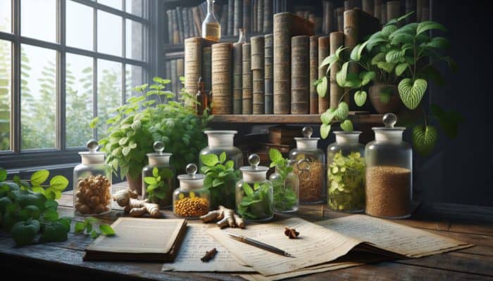 Jars of peppermint, fennel, and ginger on a wooden table, with ancient books and modern research papers.